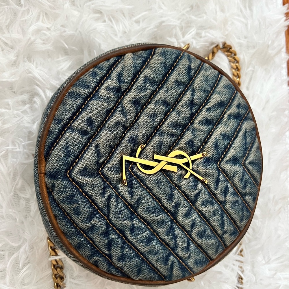 YSL  Denim Quilted Monogram Round Crossbody Bag.. very good condition.